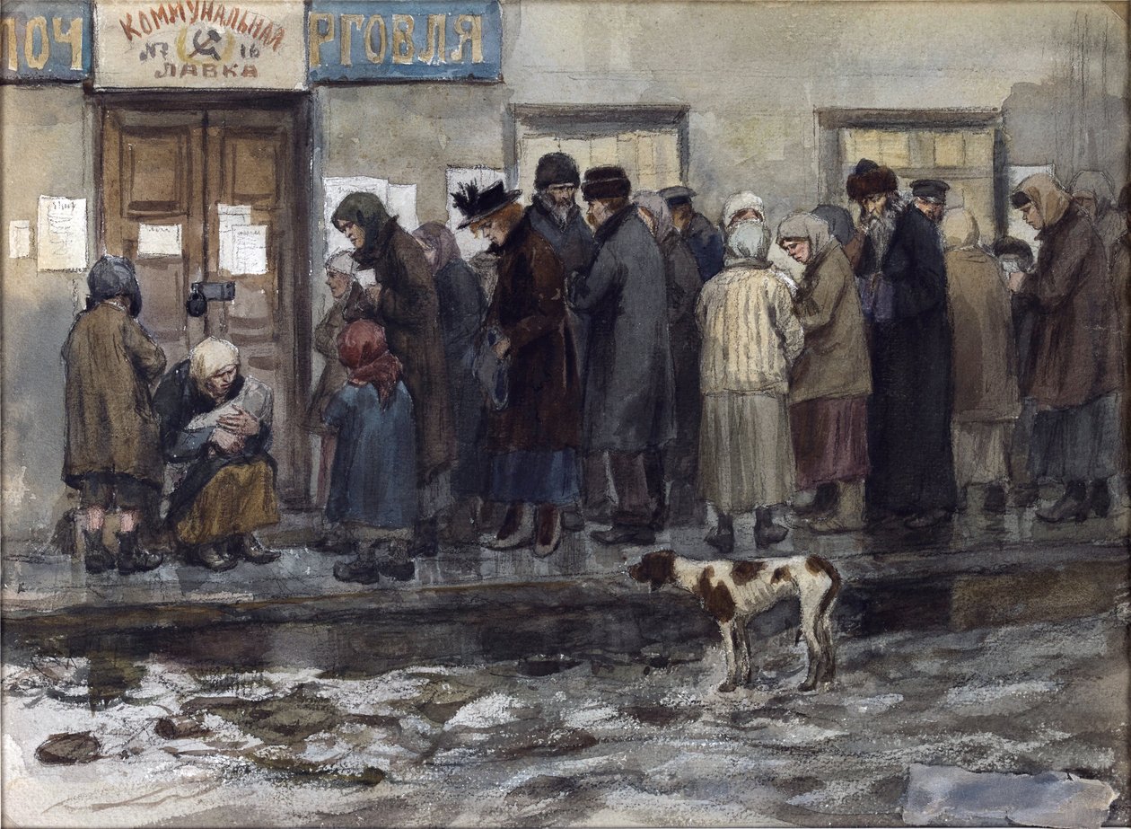 Vladimirovin Ivan Aleksejevitšin (1869-1947) kahdeksasosan leipää odottamassa. Akvarelli, guassi paperille tekijältä Ivan Alexeyevich Vladimirov