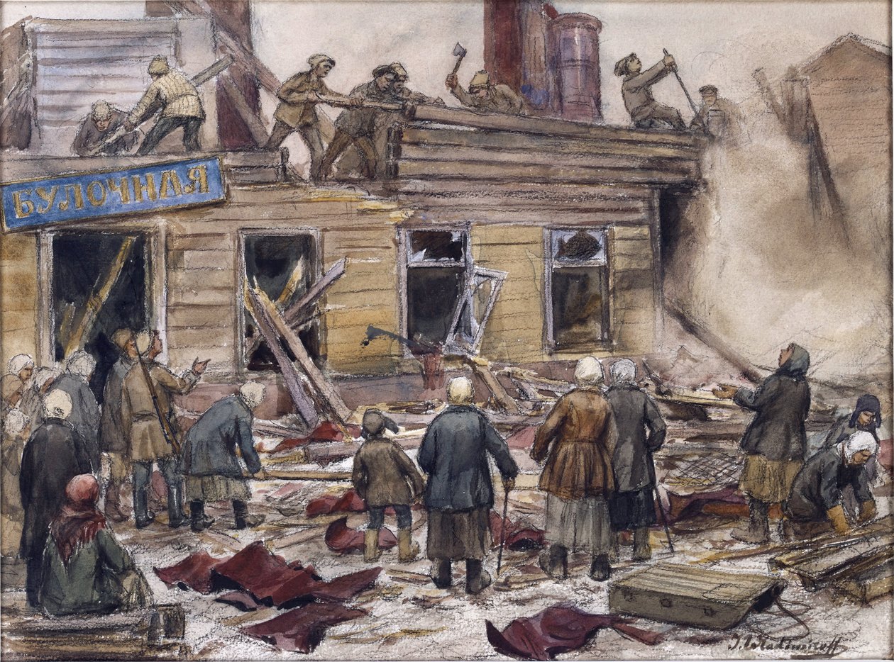 Työmiehet purkavat puutaloja polttoainetta varten Vladimirov, Ivan Aleksejevitš (1869-1947). Akvarelli, guassi paperille tekijältä Ivan Alexeyevich Vladimirov