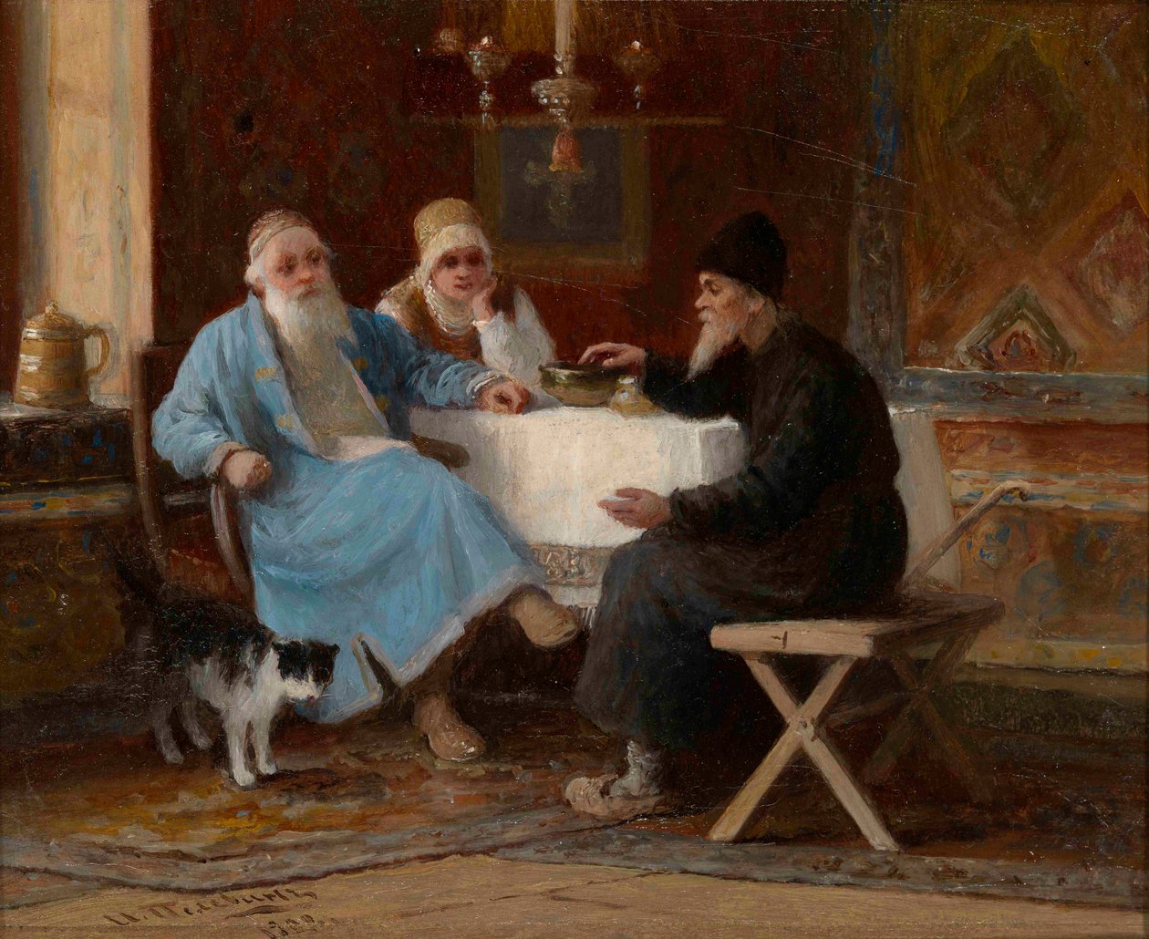 ""Keskustelu"" Kolme hahmoa pöydän ääressä - maalaus Ivan Andrejevitš Pelevin (1840-1917) 1909 Dim 15x20 cm Yksityinen kokoelma tekijältä Ivan Andreevich Pelevin