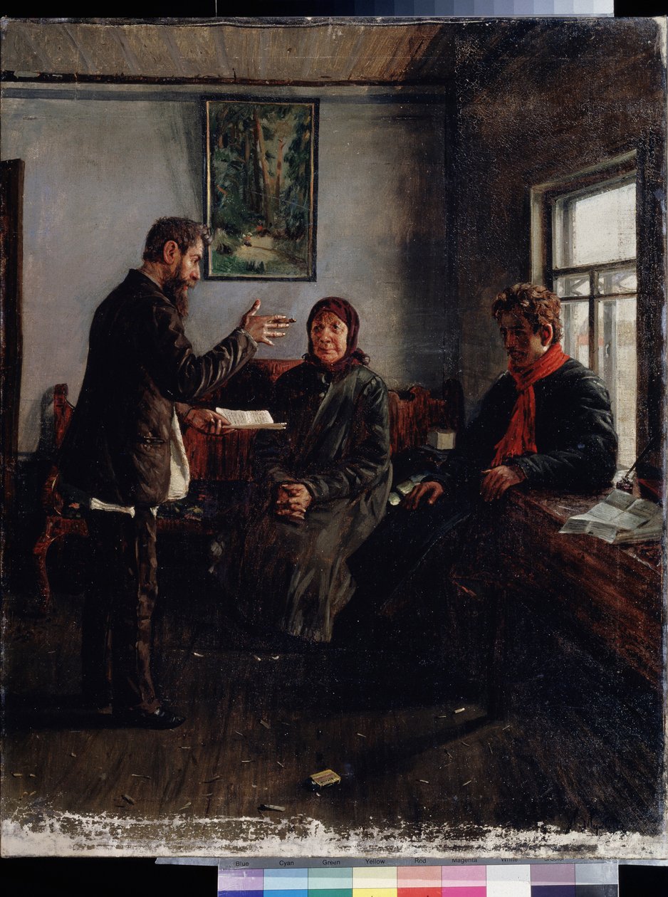 Asianajajan toimistossa. Ivan Anisimovitš Mukhinin (1876-1944) maalaus, öljy kankaalle, 1800-luvun venäläistä taidetta. Osavaltion alueellinen I. Pozhalostinin taidemuseo, Ryazan (Venäjä) tekijältä Ivan Anisimovich Mukhin