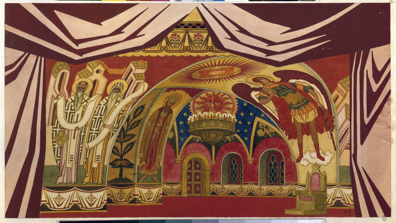 Sisustus Nikolai (Nikolai) Rimski Korsakovin (Rimski-Korsakov) (1844-1908) oopperaan "Tsaarin morsian". Ivan Yakovlevich Bilibin (Bilibin) (1876-1942) työ, akvarelli ja guassi paperille tekijältä Ivan Yakovlevich Bilibin