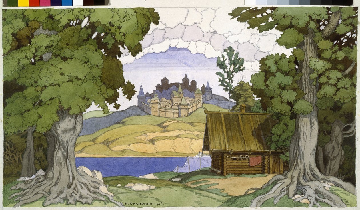 Sisustus Aleksei Vertovskin (1799-1862) oopperaan "Askoldin hauta". Ivan Yakovlevich Bilibin (Bilibin) (1876-1942) työ, akvarelli paperille tekijältä Ivan Yakovlevich Bilibin