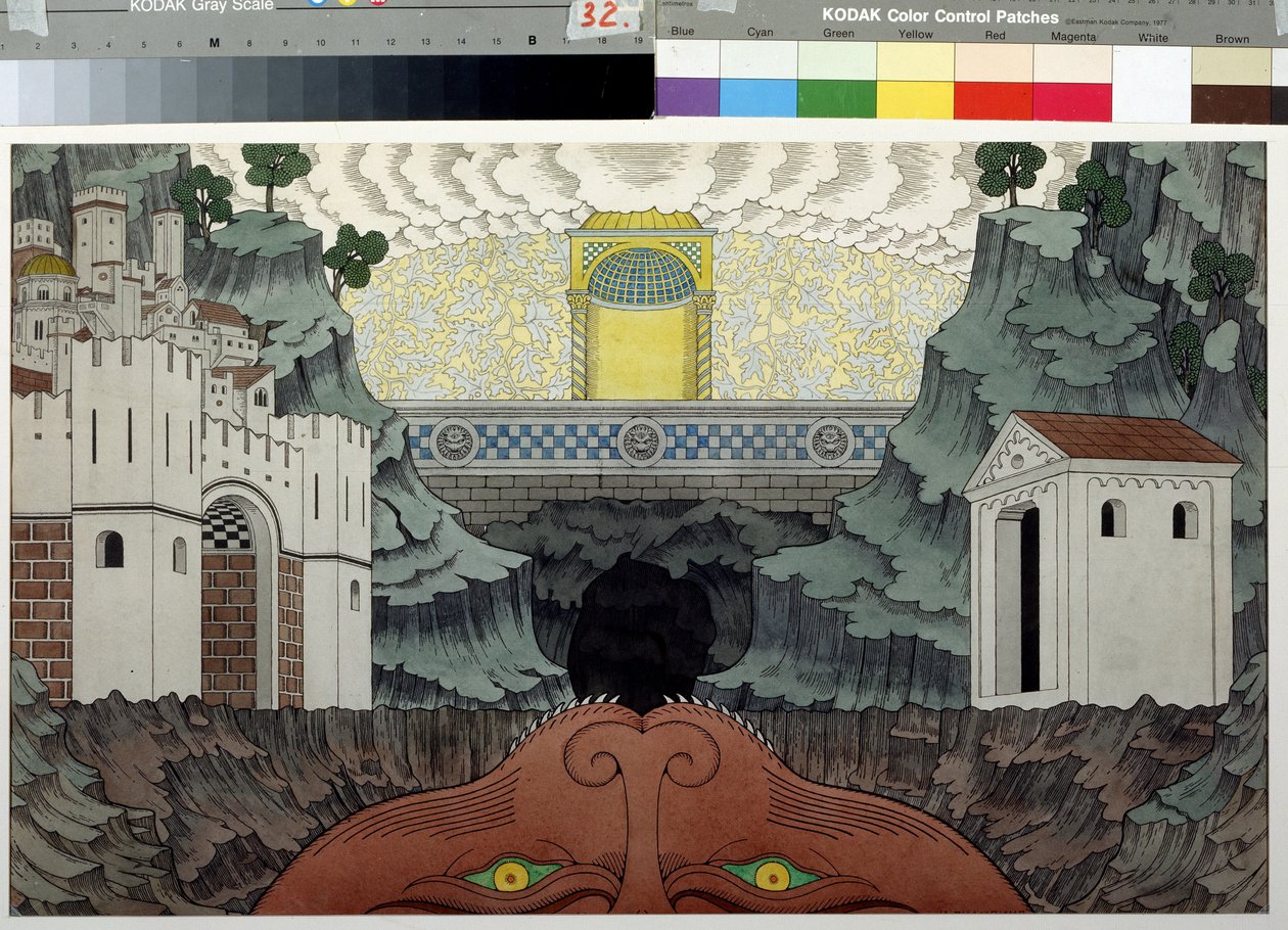 Valmistelupiirros Rutebeufin (1230-1285) näytelmään "Le miracle de Theophile" (Lavasuunnittelu Rutebeufin näytelmään Le Miracle de Theophile). Ivan Yakolevich Bilibin (Bilibin) (1876-1942) maalaus. Akvarelli ja muste paperille, 39,5 x 64 cm tekijältä Ivan Yakovlevich Bilibin