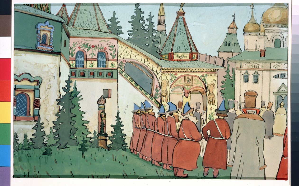 Valmistelupiirros teatterinäytelmään Finist the Falcon, joka on saanut inspiraationsa venäläisestä tarinasta "Finistin höyhen, ylpeä haukka"" (Lavastus teatterinäytelmään Finist the Falcon). Ivan Yakolevich Bilibin (Bilibin) (1876-1942) maalaus. Akvarelli, tekijältä Ivan Yakovlevich Bilibin