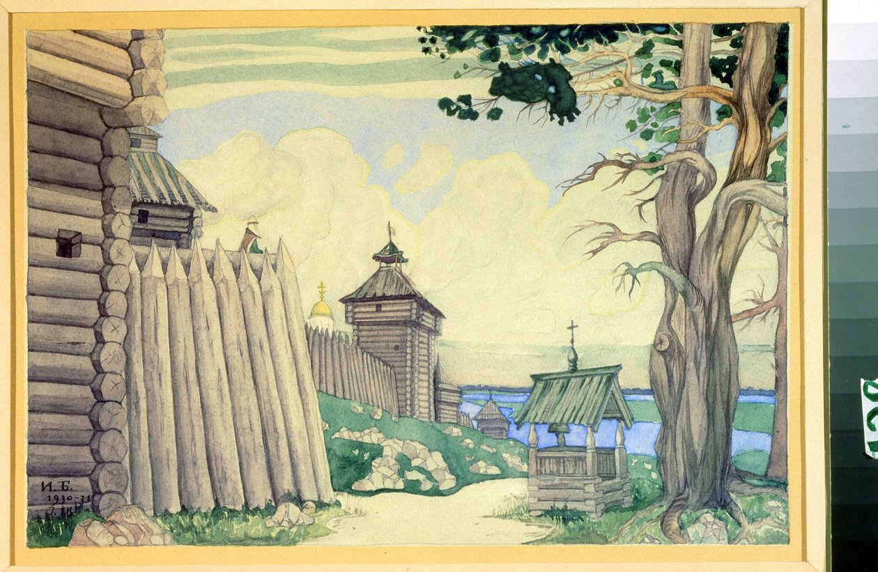 Valmistelupiirros Alexandre Borodinin (1833-1887) oopperaan "Prinssi Igor" (A. Borodinin Prinssi Igor -oopperan lavastus). Piirustus: Ivan Yakolevich Bilibin (Bilibin) (1876-1942). Akvarelli paperille, 24 x 37 cm tekijältä Ivan Yakovlevich Bilibin