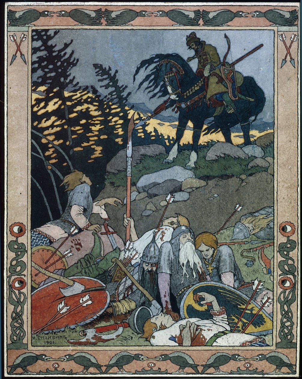 Kuvitus satulle Maria des mers (Kuvitus satulle Marya Morevna). Prinssi Ivan löytää armeijan, jonka soturikuningatar Maria Morevna voitti. Ivan Yakovlevich Bilibin (Bilibin) (1876-1942) työ, akvarelli ja tussi paperille tekijältä Ivan Yakovlevich Bilibin