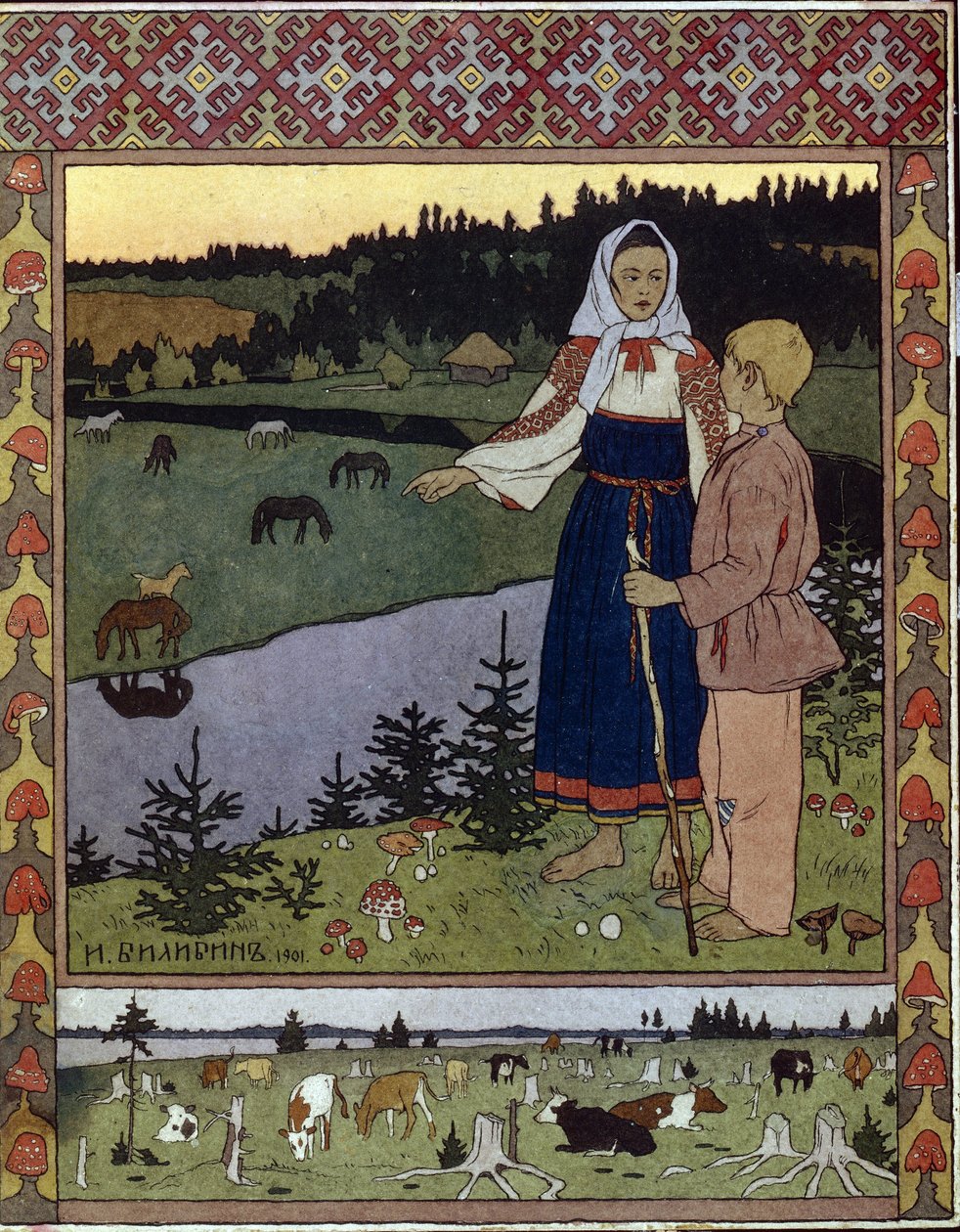 Kuvitus perinteiselle tarinalle Alyonouchka ja Ivanouchka. Ivan Yakovlevich Bilibin (Bilibin) (1876-1942) teos, litografia tekijältä Ivan Yakovlevich Bilibin