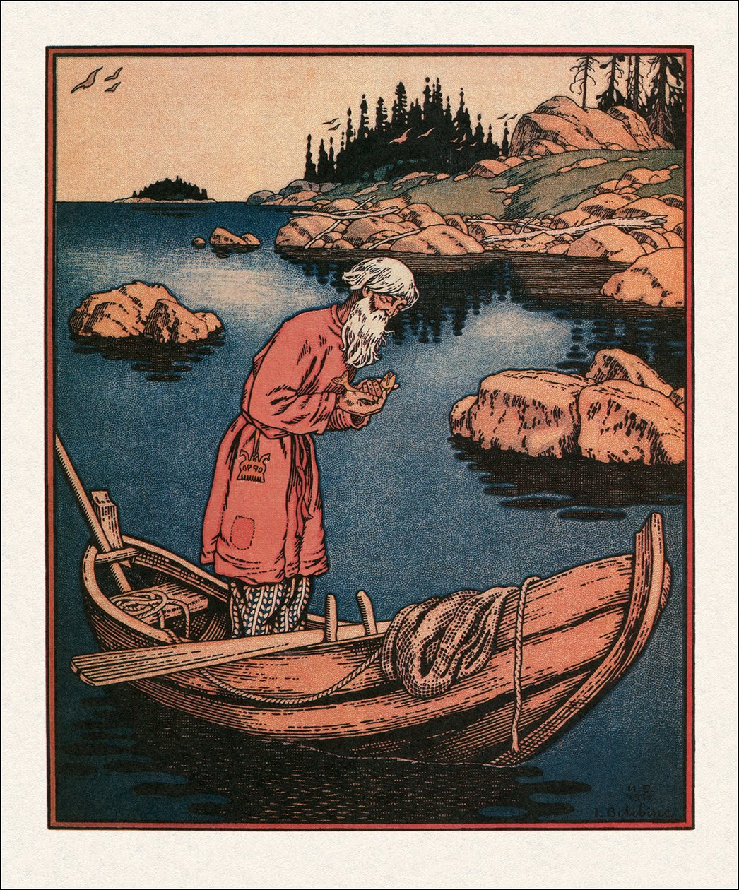 Kuvitus Kalastajan ja kalan tarinaan par Bilibin, Ivan Yakovlevich (1876-1942) tekijältä Ivan Yakovlevich Bilibin