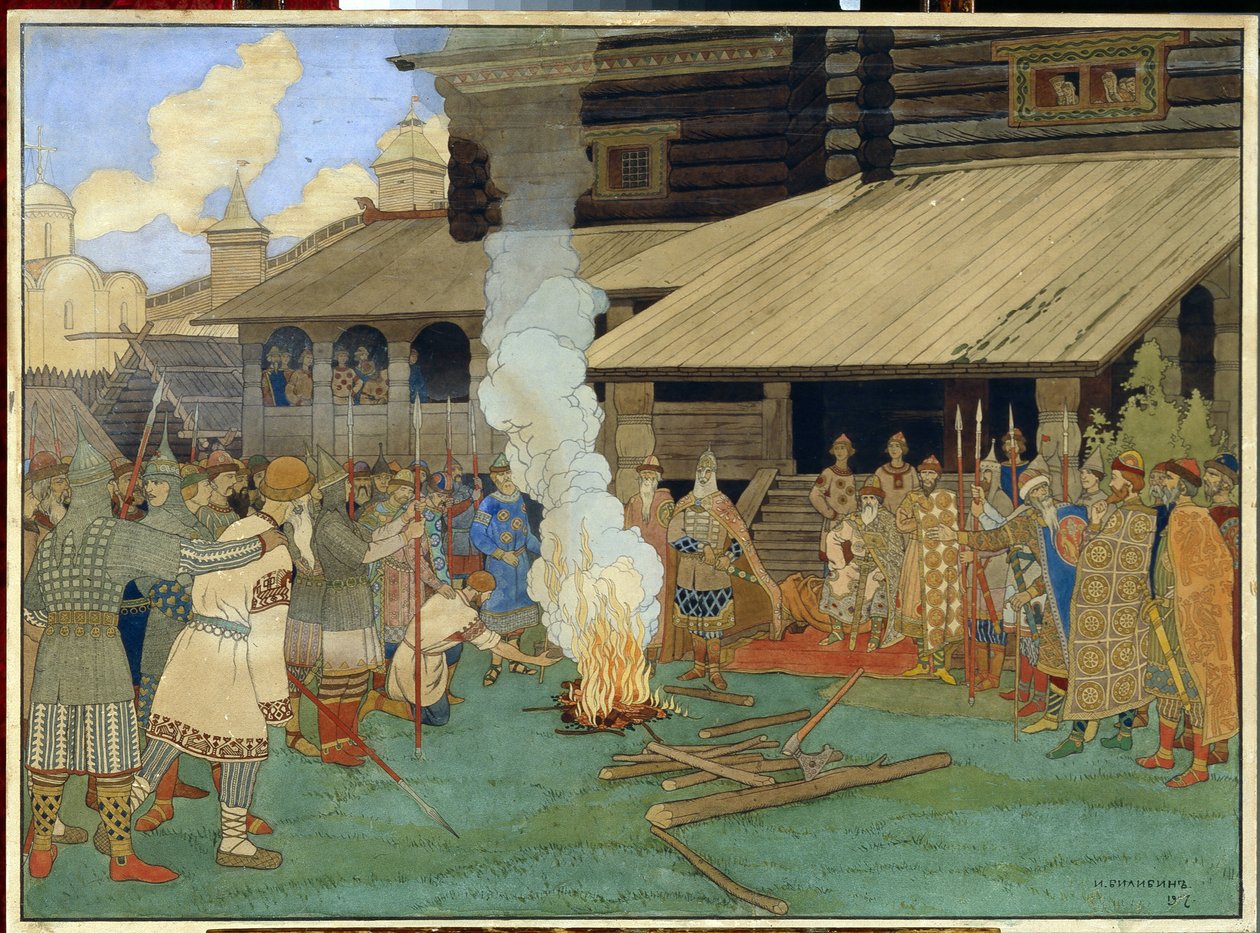 Oikeudenkäyttö Kiovan Venäjällä. Julkisella aukiolla syytetty polvistuu Viisaana tunnetun ruhtinas Jaroslav Vladimirovitšin (978-1054) aikana, koettelemusten, Jumalan tuomion näyttämönä. tekijältä Ivan Yakovlevich Bilibin