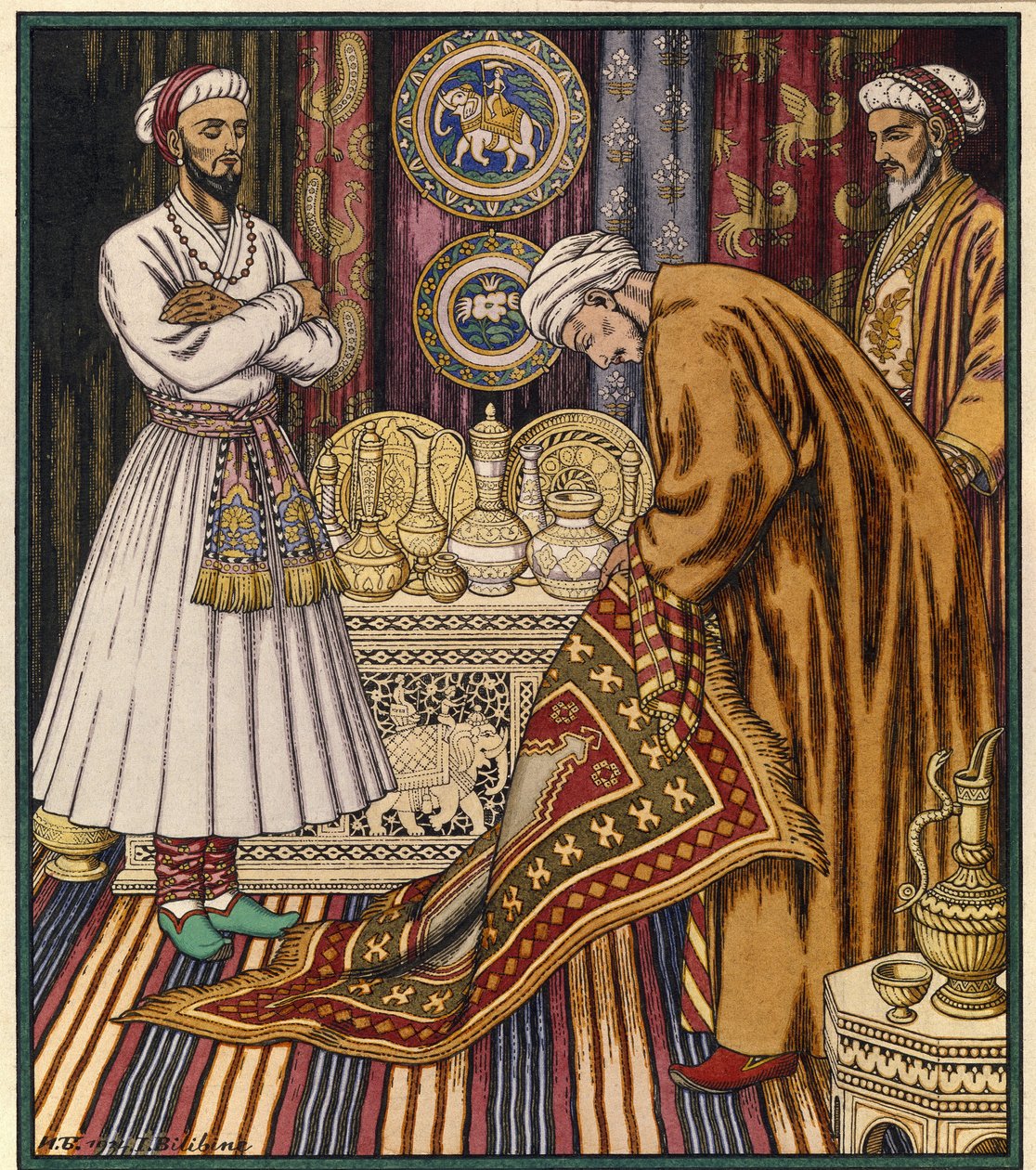 Prinssi Ali ostaa taikamaton. Kuvitus arabialaiselle tarinalle. (Prinssi Ali ostaa maton). Ivan Yakolevich Bilibin (Bilibin) (1876-1942) maalaus. Akvarelli paperille. Pietari, Venäjän valtionmuseo. tekijältä Ivan Yakovlevich Bilibin