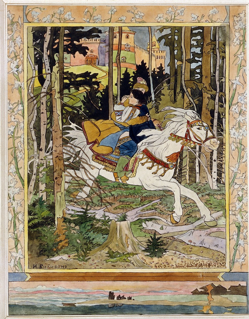 Prinssi Ivan. (Ivan Tsarevitš). Venäläisten kansanperinteen legendojen sankarit, jotka ratsastavat valkoisella hevosella metsässä, pakenevat linnasta ja halaavat Vassilissa La Tres Belleä sylissään. Kuvitus: Ivan Yakovlevich Bilibin (Bilibin) (1876-1942),  tekijältä Ivan Yakovlevich Bilibin