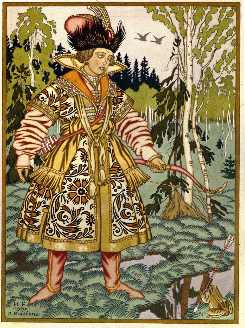aPrinssi Ivan ja sammakkoprinsessa. (Ivan Tsarevitš ja sammakkoprinsessa). Venäläinen perinteinen tarina. Ivan Yakovlevich Bilibin (Bilibin) (1876-1942) työ, akvarelli ja guassi paperille tekijältä Ivan Yakovlevich Bilibin