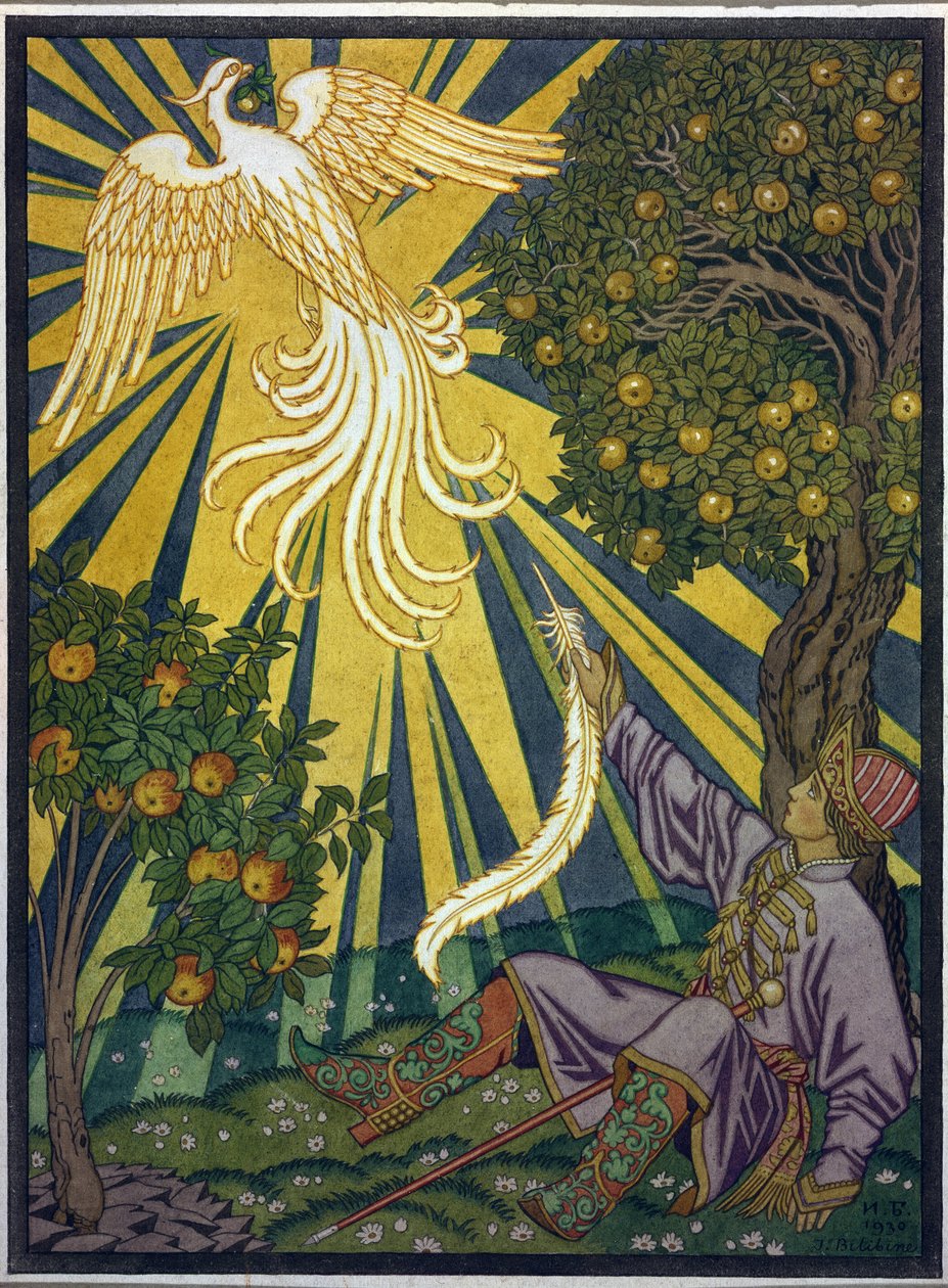 Prinssi nappaa tulilinnusta höyhenen. Kuvitus tarinalle ""Ivan Tsarevitš, tulilintu ja harmaa susi"". Ivan Yakovlevich Bilibin (Bilibin) (1876-1942) työ, akvarelli ja guassi paperille. Venäläinen taide, 1900-luku, symboliikka. tekijältä Ivan Yakovlevich Bilibin