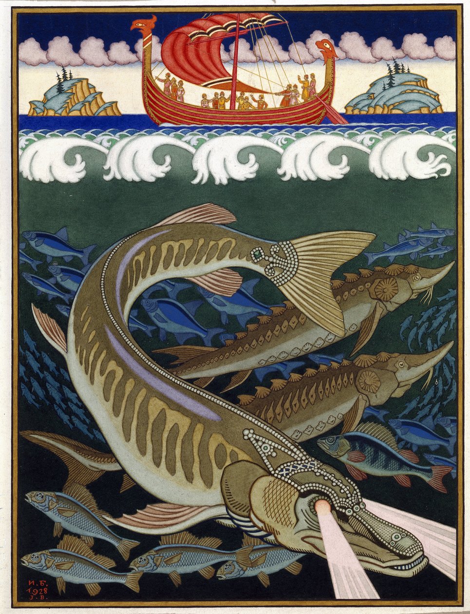 Meren valtakunta (Sea Empire). Venäläinen perinteinen tarina. Ivan Yakovlevich Bilibin (Bilibin) (1876-1942) työ, akvarelli ja guassi paperille tekijältä Ivan Yakovlevich Bilibin