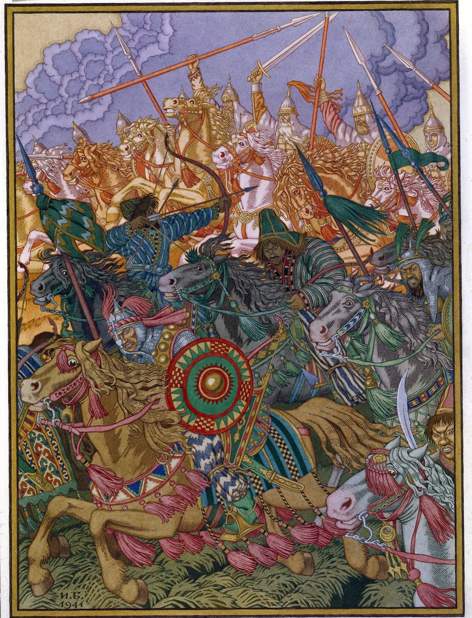 Khan Batun karkottaminen (noin 1205-1255) (Batu Khanin karkotus). Batou, mongolitatarien Kultahorden päällikkö Venäjän aroilla. Ivan Yakovlevich Bilibin (Bilibin) (1876-1942) työ, akvarelli ja guassi paperille tekijältä Ivan Yakovlevich Bilibin