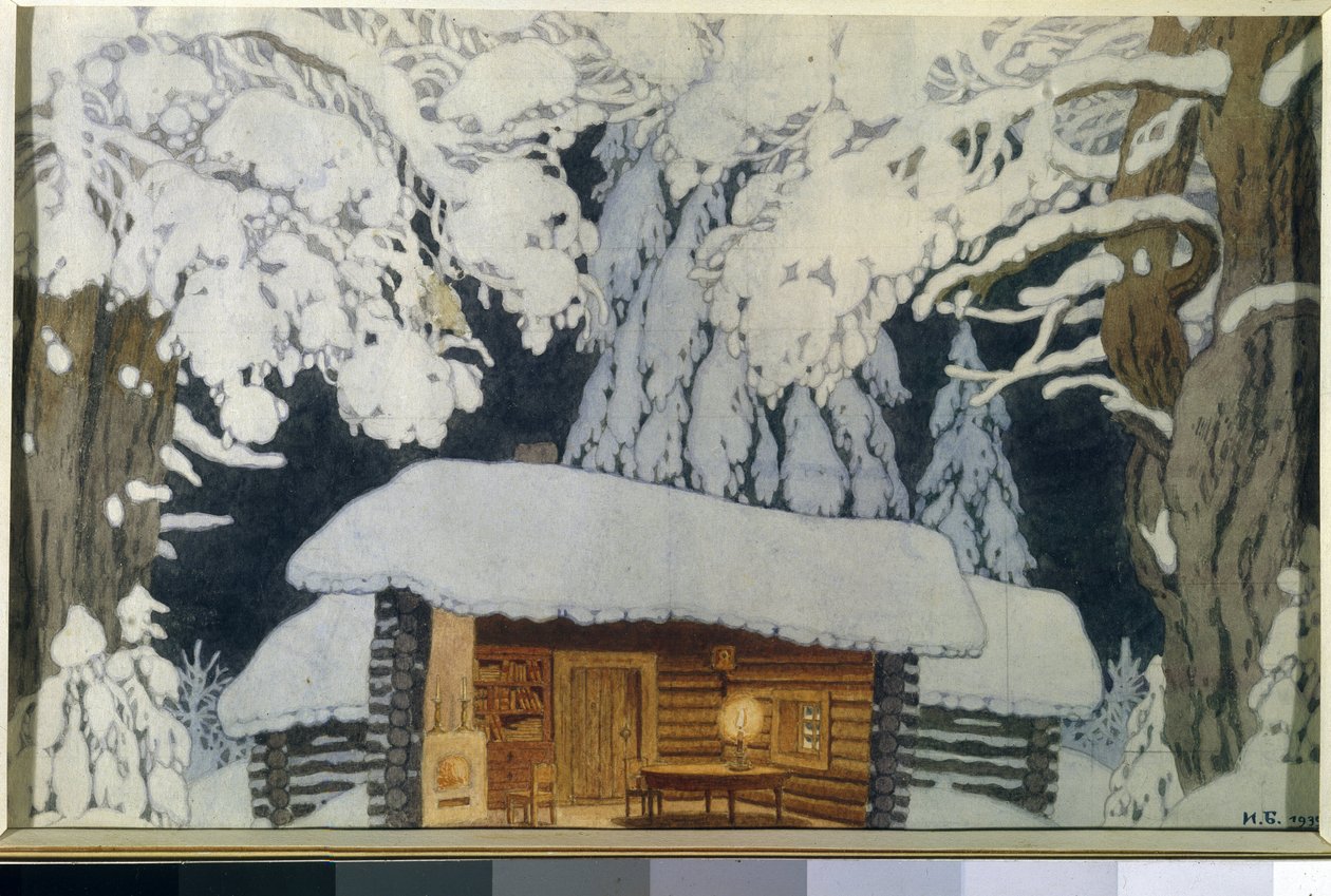Puutalo lumisessa metsässä. Maisema näytelmään ""Komentaja Suvorov"". Ivan Yakovlevich Bilibin (Bilibin) (1876-1942) työ, akvarelli ja guassi paperille tekijältä Ivan Yakovlevich Bilibin