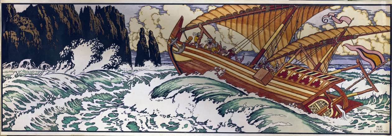Merimies Sinbad. Kuvitus arabialaiselle perinteiselle tarinalle Tuhat ja yksi yö. Ivan Yakovlevich Bilibin (Bilibin) (1876-1942) työ, akvarelli paperille tekijältä Ivan Yakovlevich Bilibin