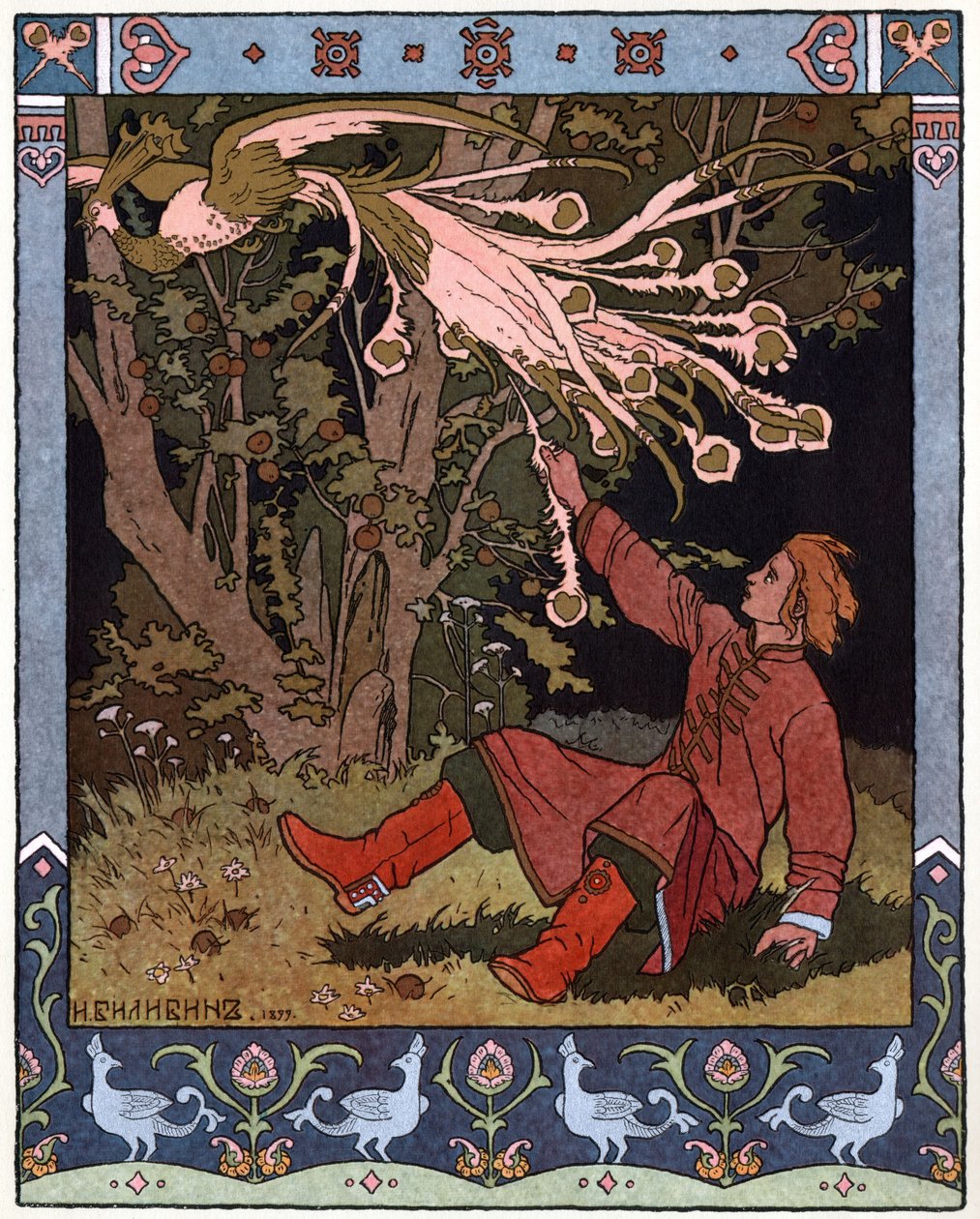 Tsarevitš Ivan, tulilintu ja harmaa susi, n. 1899 (litografia) tekijältä Ivan Yakovlevich Bilibin