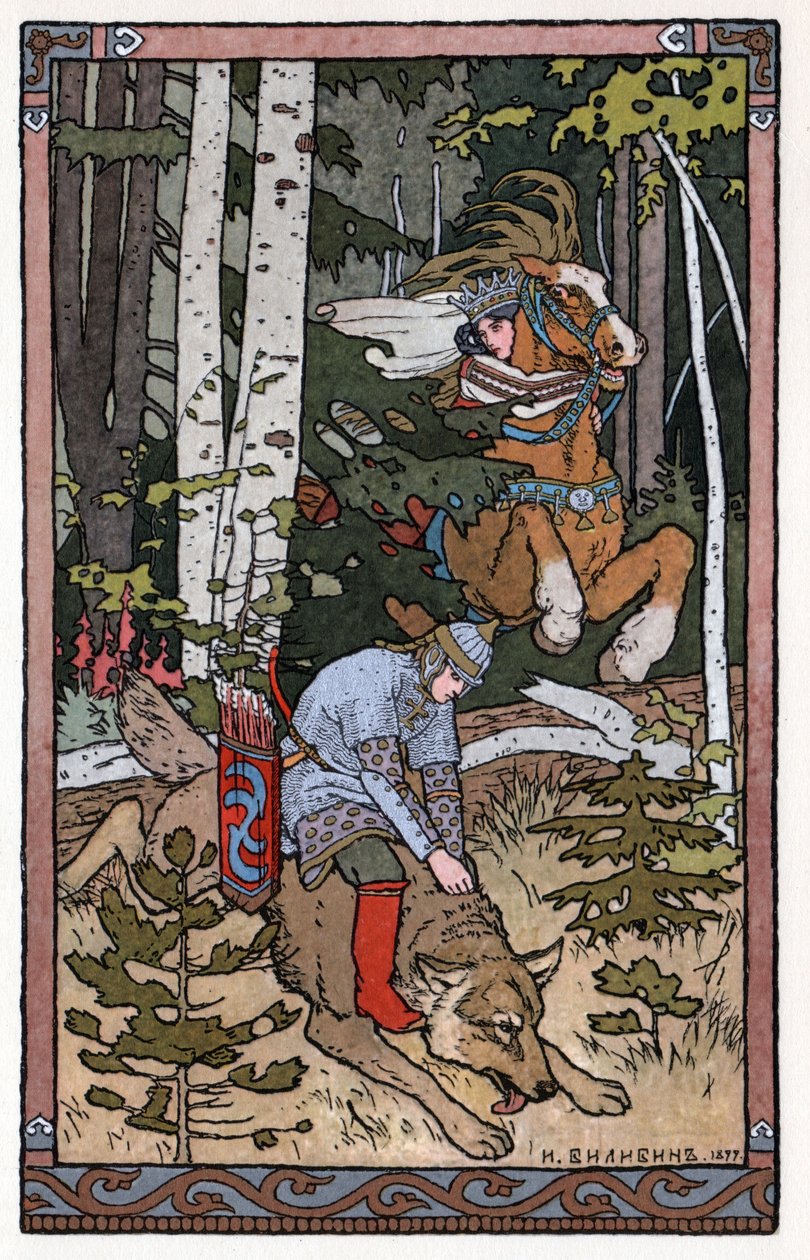 Tsarevitš Ivan, tulilintu ja harmaa susi, n. 1899 (litografia) tekijältä Ivan Yakovlevich Bilibin