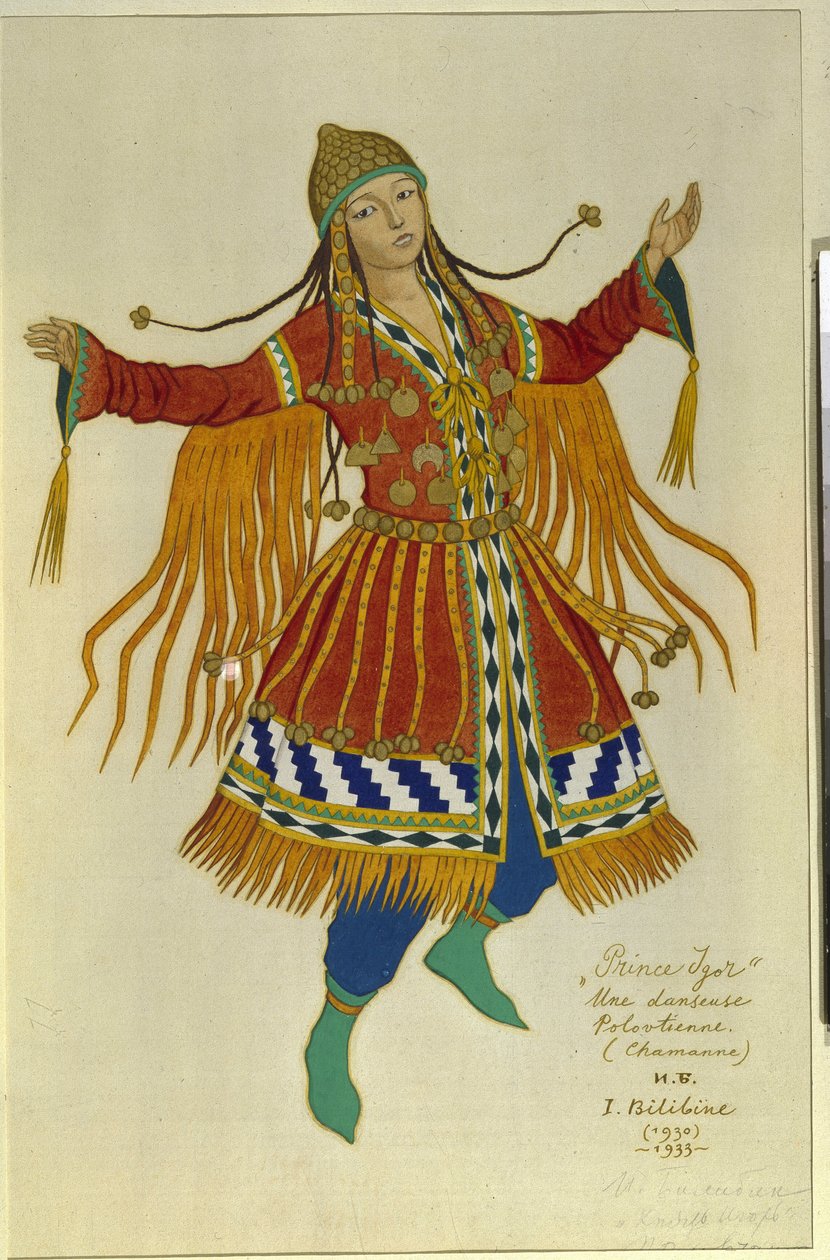 Polovtsilainen (tai couman, kumani) shamaanitanssija. Puku Alexandre Borodinin (Borodin) (1833-1887) oopperaan "Prince Igor"". Ivan Yakovlevich Bilibin (Bilibin) (1876-1942) työ, akvarelli paperille tekijältä Ivan Yakovlevich Bilibin