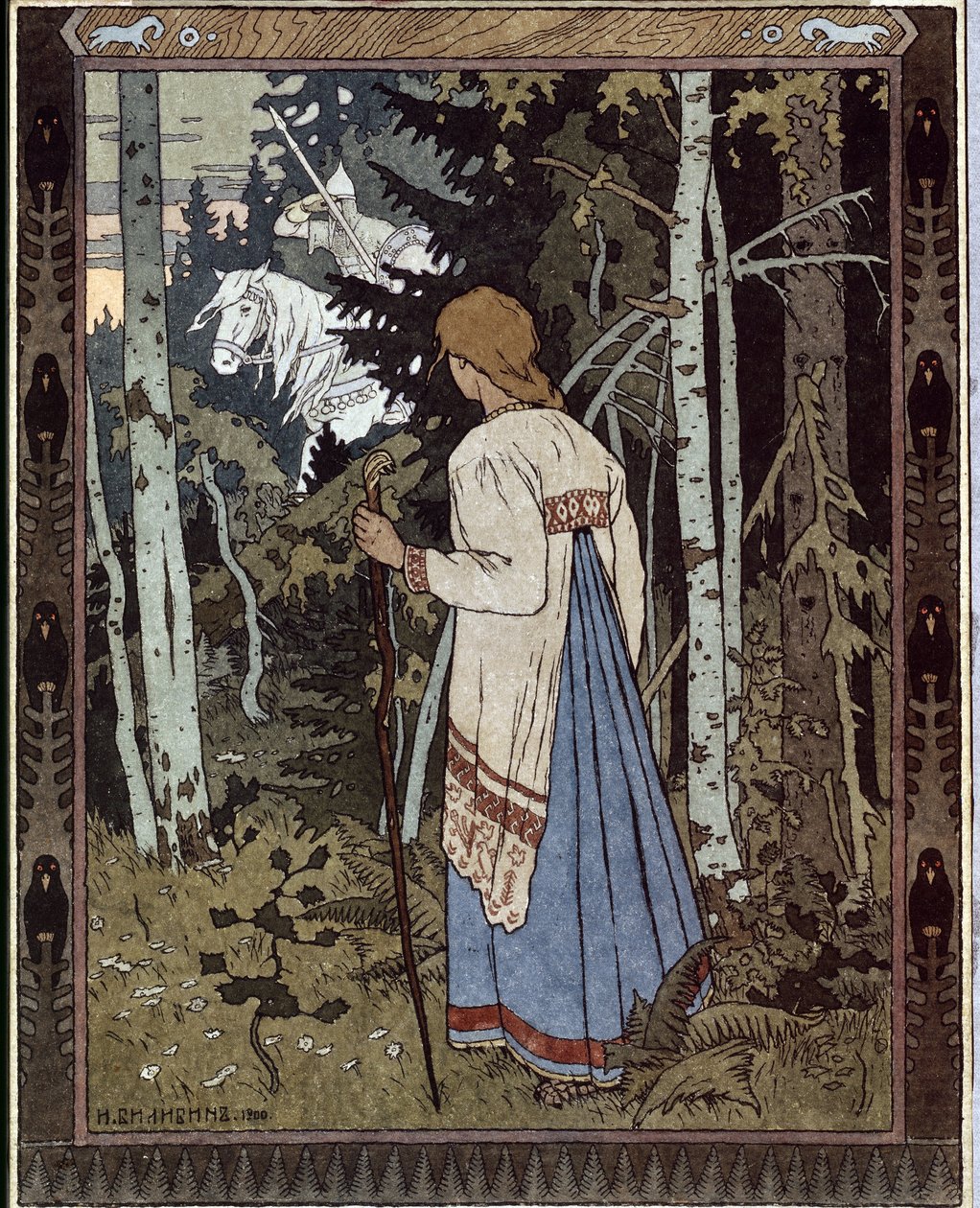 Vassilissa kaunein ja valkoinen ratsumies. (Vasilisa kaunis ja valkoinen ratsumies). (Perinteinen venäläinen tarina). Ivan Yakovlevich Bilibin (Bilibin) (1876-1942) teos, litografia tekijältä Ivan Yakovlevich Bilibin