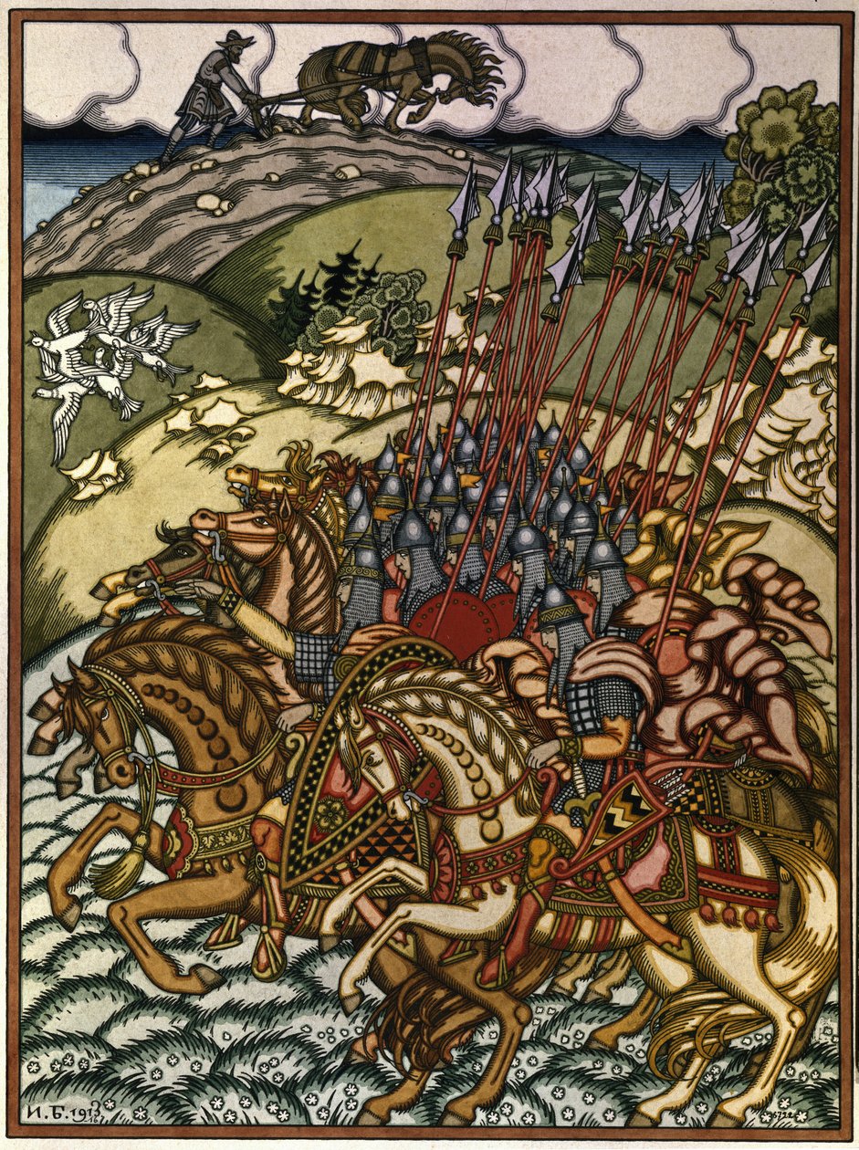 Volga Svjatoslavitš (Vseslav de Polotsk (versiot 1039-1101), Kiovan suurprinssi 1068–1069) ja Mikula Seljaninovitš (?). Ivan Yakovlevich Bilibin (Bilibine) (1876-1942) teos, litografia tekijältä Ivan Yakovlevich Bilibin