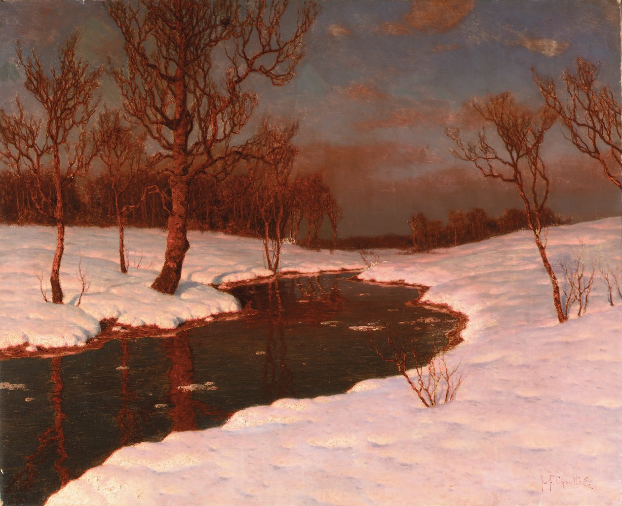 Auringonlasku lumisella jokimaisemalla tekijältä Ivan Fedorovich Choultse