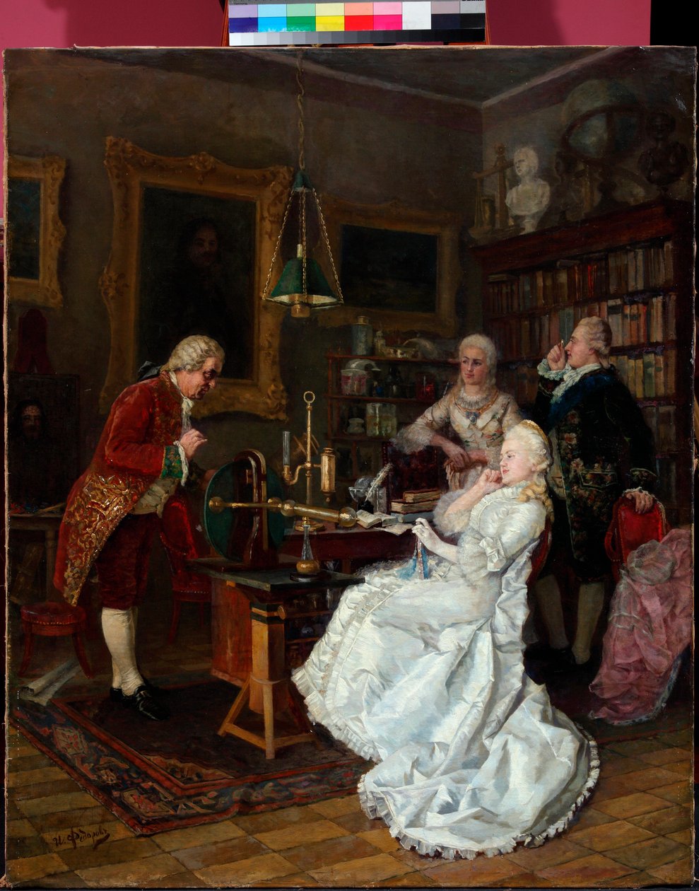 Venäjän keisarinna Katariina II (1729-1796) Mihail Lomonosovin (1711-1765) luona (Keisarinna Katariina M.Lomonosovin luona) Ivan Fiodorovin (Fedorovin) maalaus (1853-1894) tekijältä Ivan Feodorov