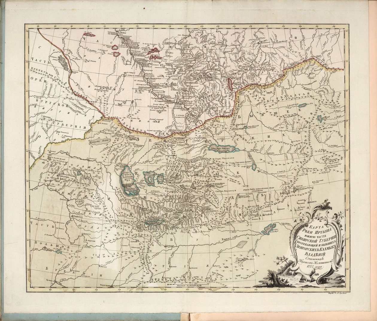 Kartta Irtysh-joesta, Siperian kuvernöörikunnan eteläosasta, 1777. tekijältä Ivan Ivanovich Islenyev