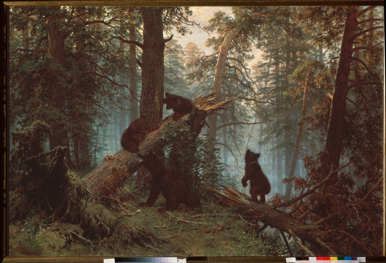 Aamu mäntymetsässä (Kolme karhunpentua kiipeää kaatuneeseen puuhun, äitinsä katseen alla) - Aamu mäntymetsässä - Ivan Ivanovich Shishkin (Shishkin) (1832-1898) maalaus, öljy kankaalle tekijältä Ivan Ivanovich Shishkin