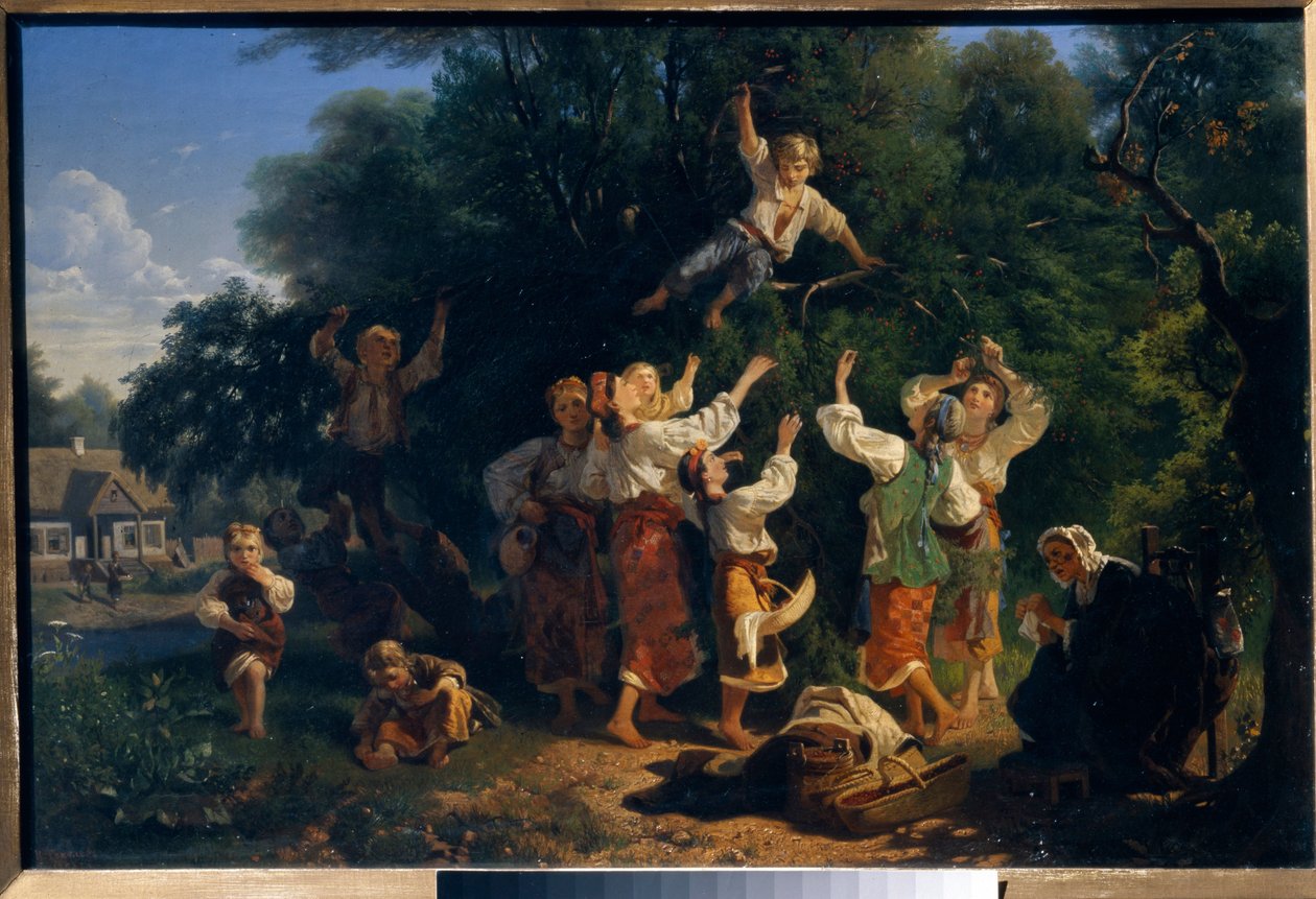 Kirsikoiden poimiminen omistajan hedelmätarhassa Ukrainassa. Maalaus Ivan Ivanovich Sokolov (1823-1918), öljy kankaalle tekijältä Ivan Ivanovich Sokolov
