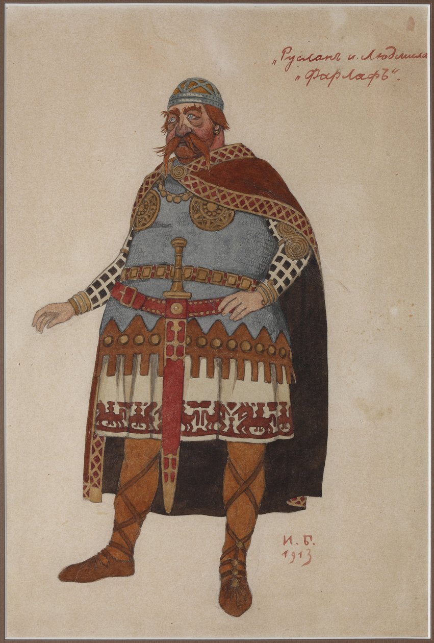 M. Glinkan par Bilibin, Ivan Yakovlevich (1876-1942) pukusuunnittelu oopperaan Ruslan ja Ljudmila. Vesiväri pahville tekijältä Ivan Yakovlevich Bilibin
