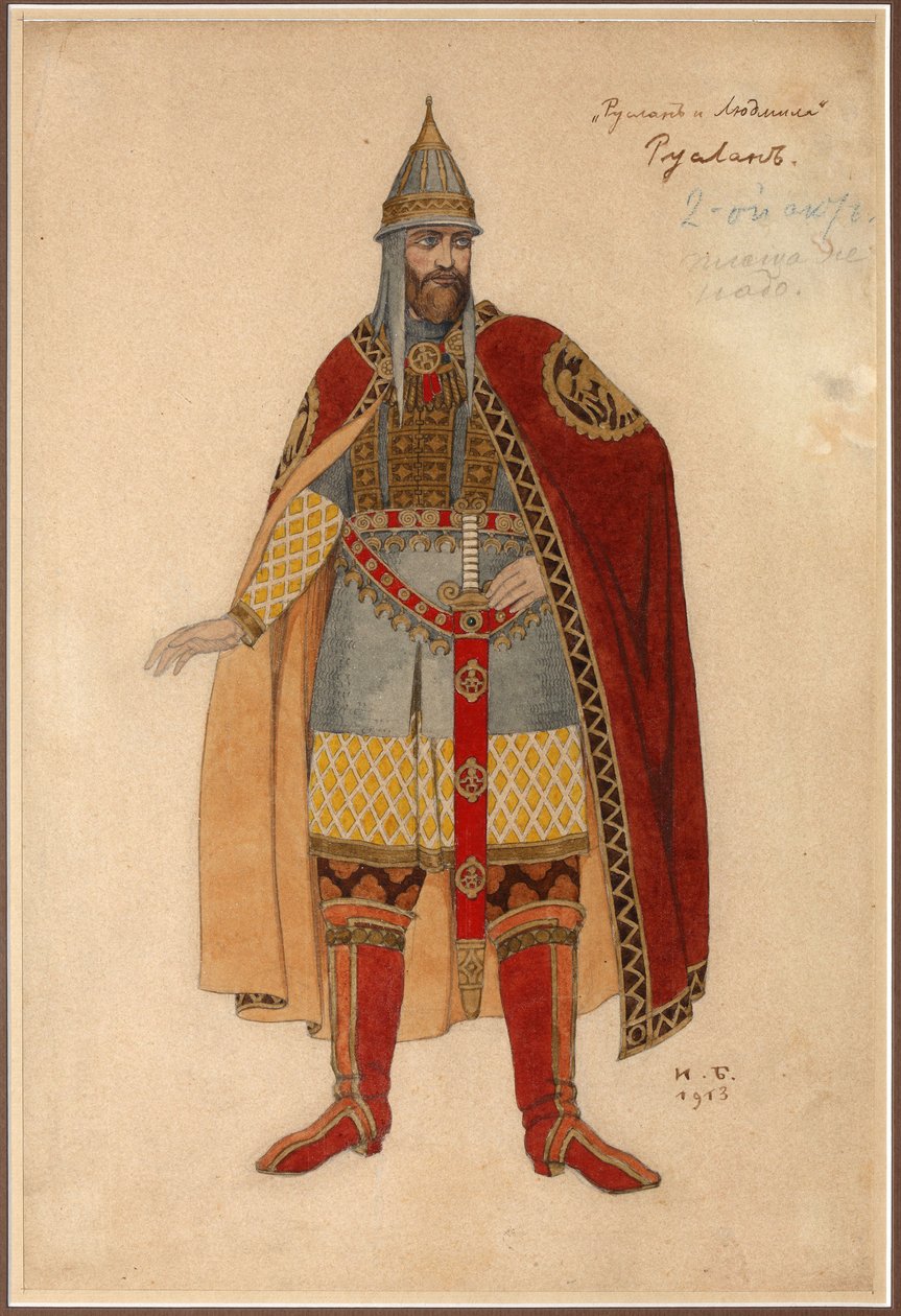 M. Glinkan par Bilibin, Ivan Yakovlevich (1876-1942) pukusuunnittelu oopperaan Ruslan ja Ljudmila. Vesiväri pahville tekijältä Ivan Yakovlevich Bilibin