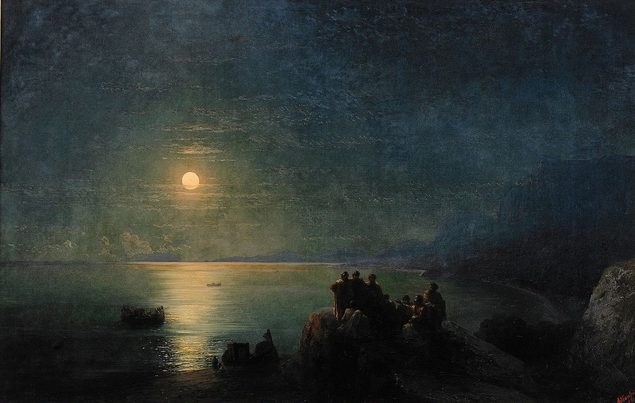 Muinaiset kreikkalaiset runoilijat veden äärellä kuunvalossa, 1886 tekijältä Ivan Konstantinovich Aivazovsky
