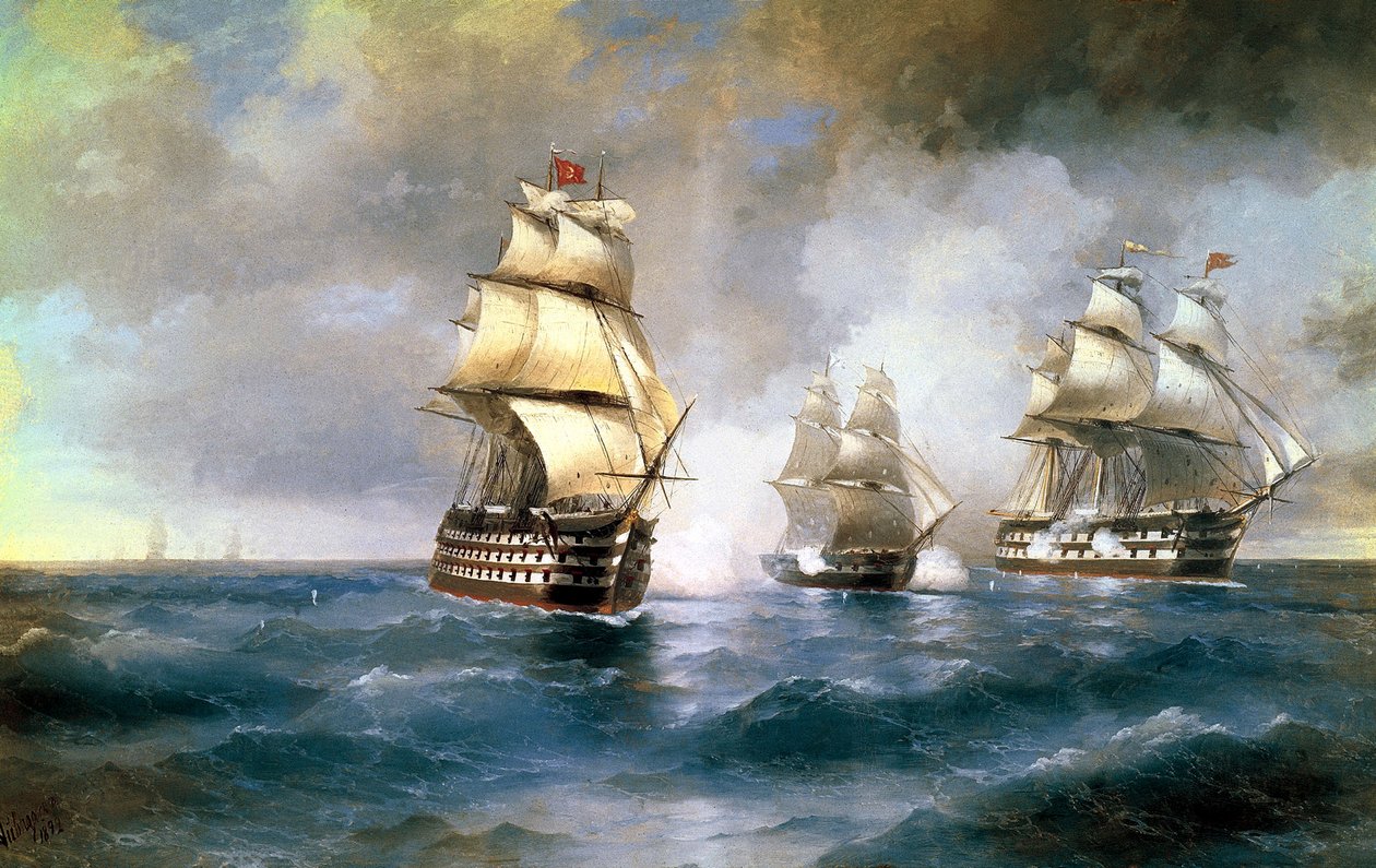 Brig Mercury hyökkäsi kahden turkkilaisen laivan kimppuun 14. toukokuuta 1829, 1892. tekijältä Ivan Konstantinovich Aivazovsky