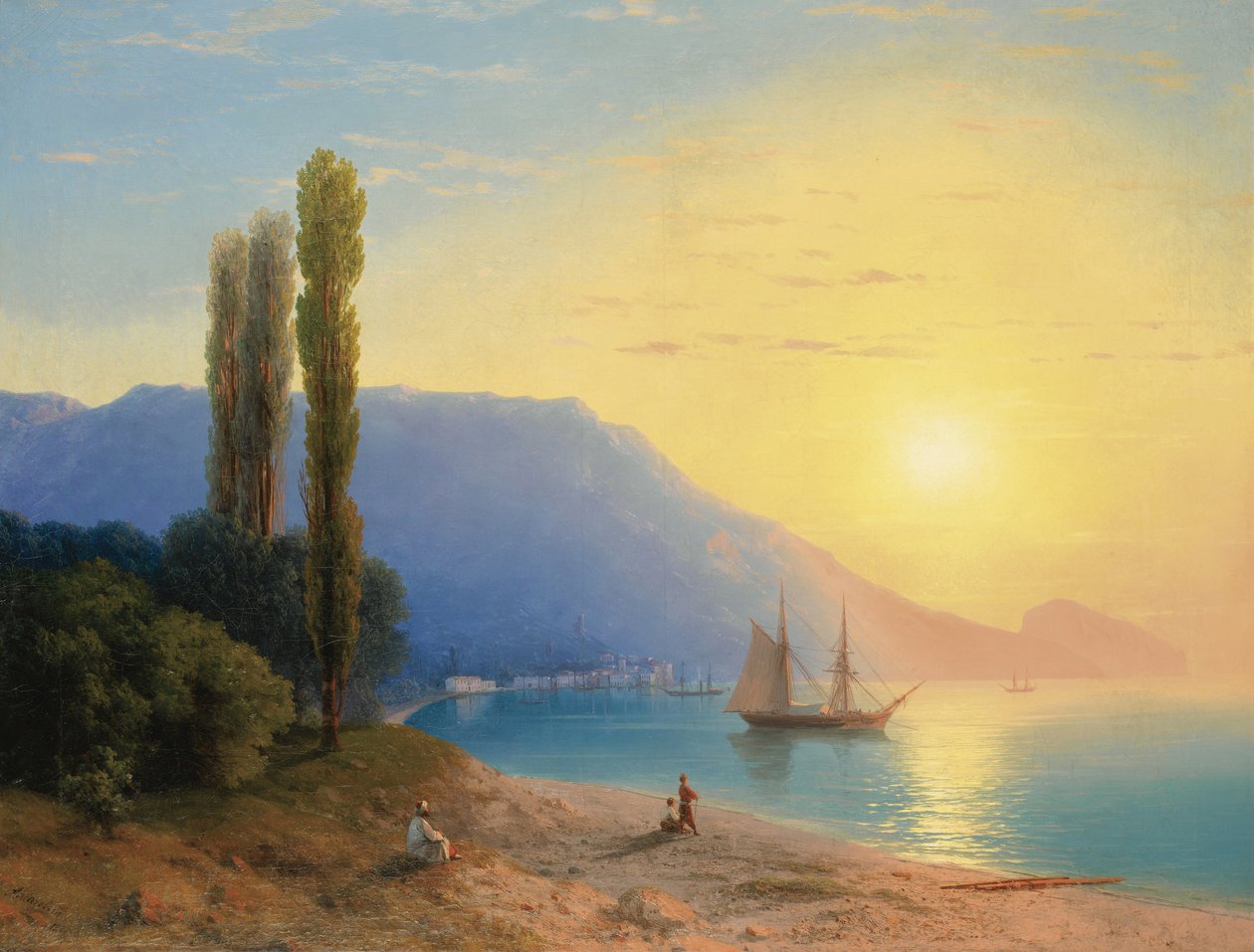 ""Auringonlasku Jaltan yllä Krimillä"" (Auringonlasku Jaltan yllä) Ivan Constantinovich Aivazowskin (Aivazovsky 1817-1900) maalaus 1861 - Öljy kankaalle Koko 67x89 cm Yksityiskokoelma tekijältä Ivan Konstantinovich Aivazovsky