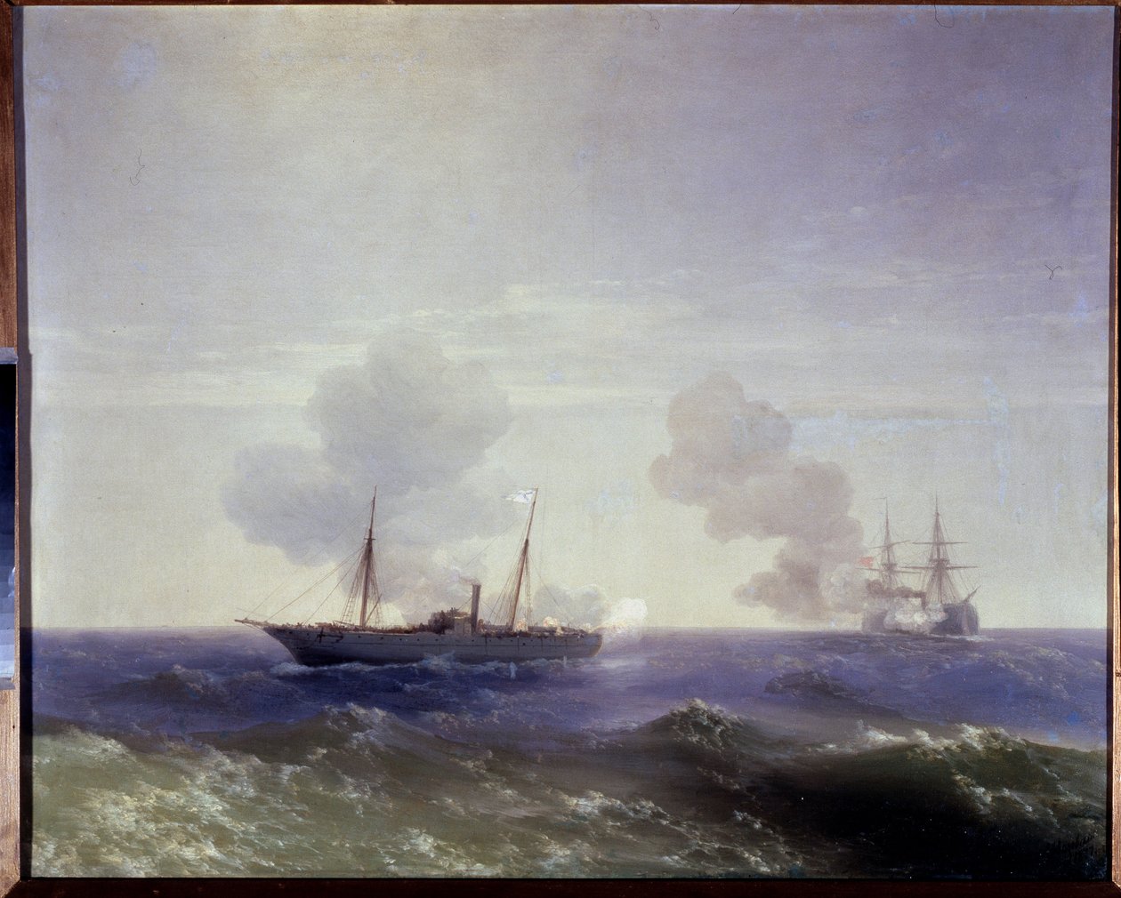 Venäjän-Turkin (Venäjä-Turkin) sota 1877-1878: Meritaistelu venäläisen risteilijän Vestan ja turkkilaisen rautaverisen Fethi Bulendin välillä Mustallamerellä, 11.7.1877 (Venäläisen risteilijän Vestan ja rautapukuisen Fethin välinen meritaistelu Bulend teki tekijältä Ivan Konstantinovich Aivazovsky