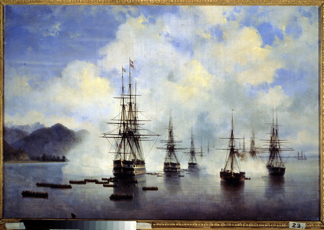 Kenraali Nikolai Nikolajevitsh Raievsky laskeutui Subashiin (Ukraina) heinäkuussa Jakso Kaukasuksen valloituksesta. Ivan Konstantinovich Aivazovskin maalaus (Ivan Konstantin tekijältä Ivan Konstantinovich Aivazovsky