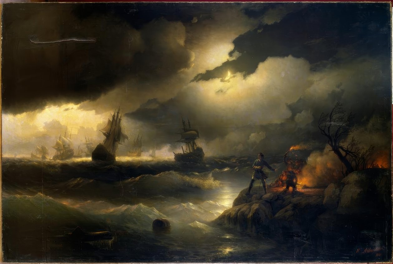 Peter der Große zündet bei Krasnoi Gorka ein Leuchtfeuer fü tekijältä Ivan Konstantinovich Aivazovsky