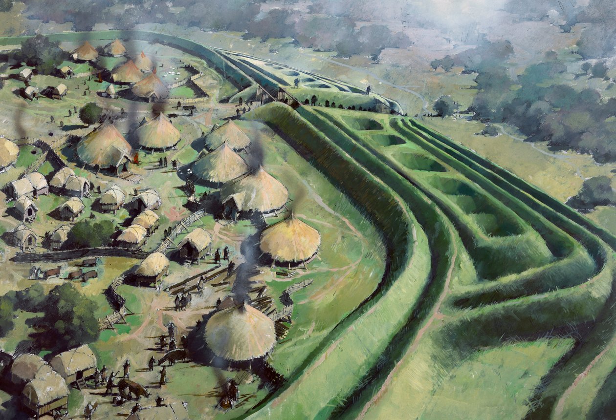 Ilmakuva Old Oswestry Hill Fort -linnoituksen sisäänkäynnistä rautakaudella, c1970-2010 tekijältä Ivan Lapper