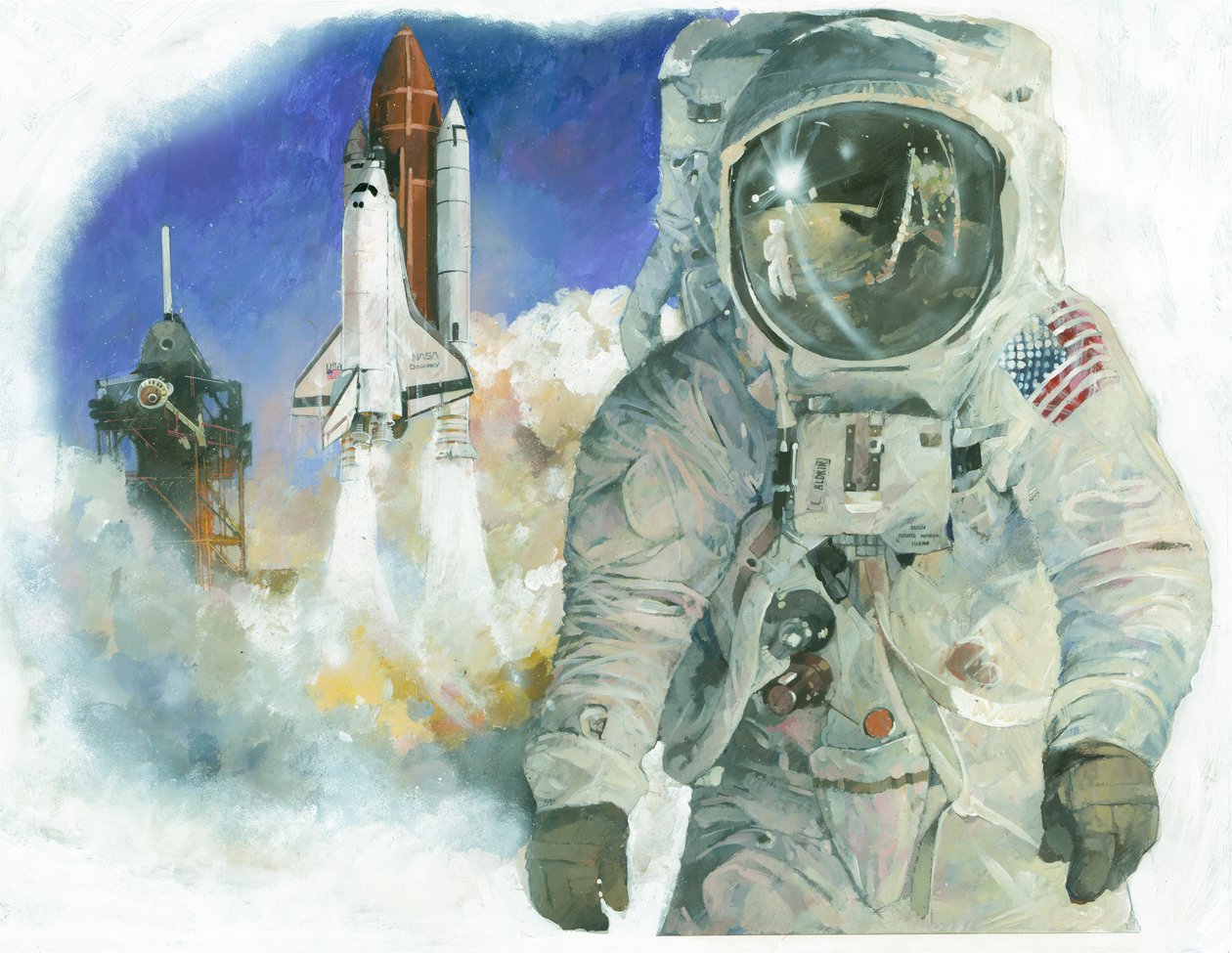 Amerikkalainen astronautti Buzz Aldrin avaruuspuvussaan ja avaruussukkula Discovery laukaisemassa Kennedyn avaruuskeskuksesta. tekijältä Ivan Lapper