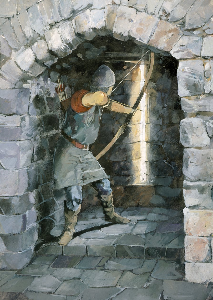 Jousimies ampuu nuolen nuoliluukun läpi, Beeston Castle, Cheshire (vesiväri paperille). tekijältä Ivan Lapper