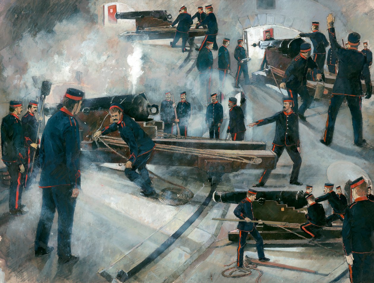 Asemiehistö, Dartmouth Point Battery -kasematit, Dartmouthin linna, 1800-luvun loppu, 1990-luku. tekijältä Ivan Lapper