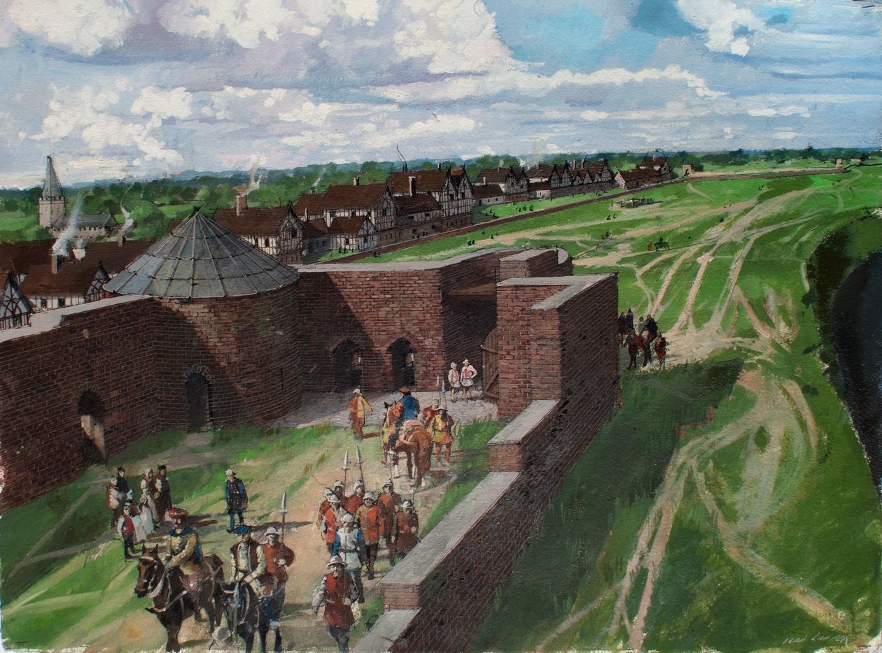 Rekonstruoitu näkymä Lontoon Towerista, jossa näkyy Byward Towerin sisäänkäynti ja Lion Tower 1540-luvulla. tekijältä Ivan Lapper