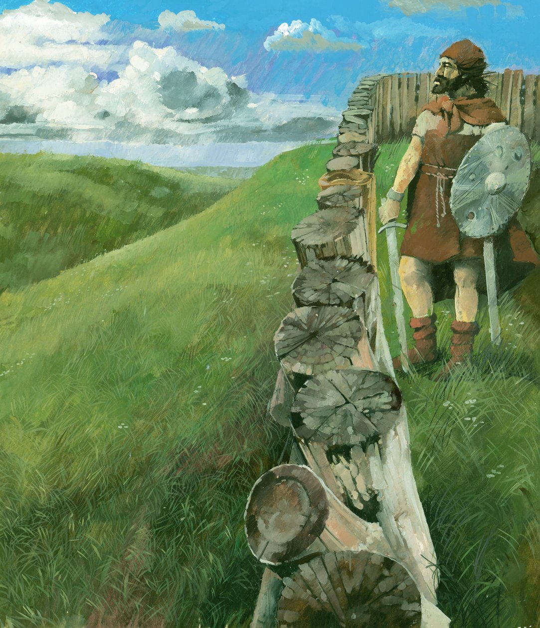 Rekonstruktiopiirustus, jossa rautakautinen mies seisoo puisen palisada-aidan vieressä Liddington Castle Hillfortin huipulla, Swindon, Iso-Britannia. tekijältä Ivan Lapper