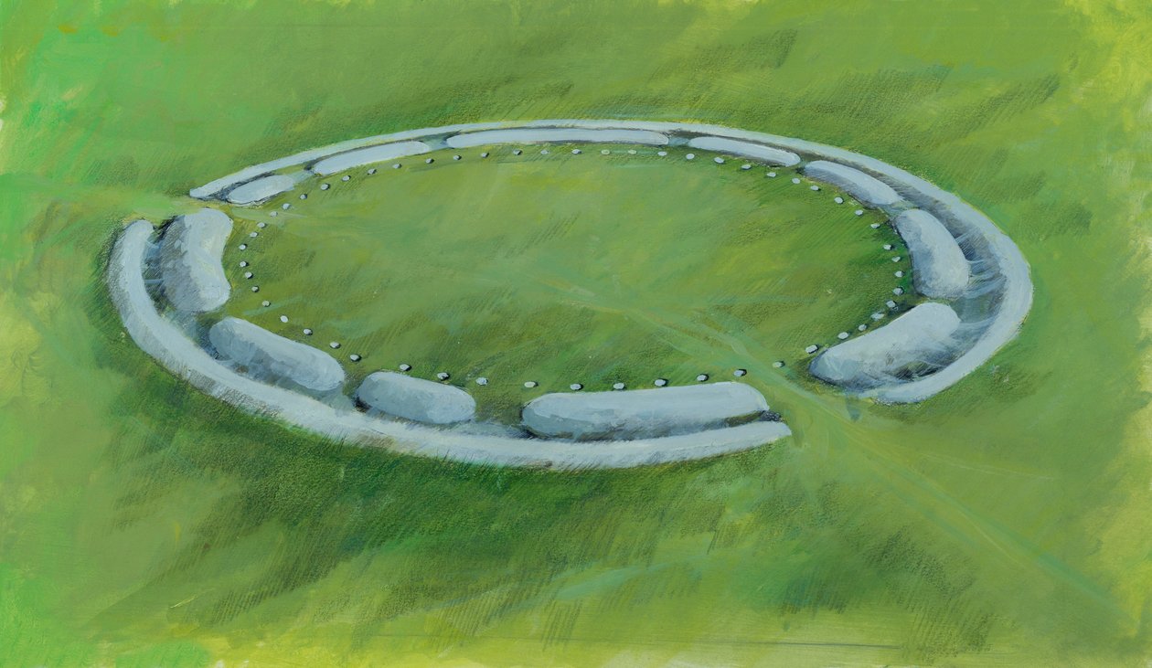 Stonehenge: ensimmäinen vaihe, johon kuuluu oja, penkereet ja Aubreyn reikiä ympäröivä penkere ja vastapenkereet. tekijältä Ivan Lapper
