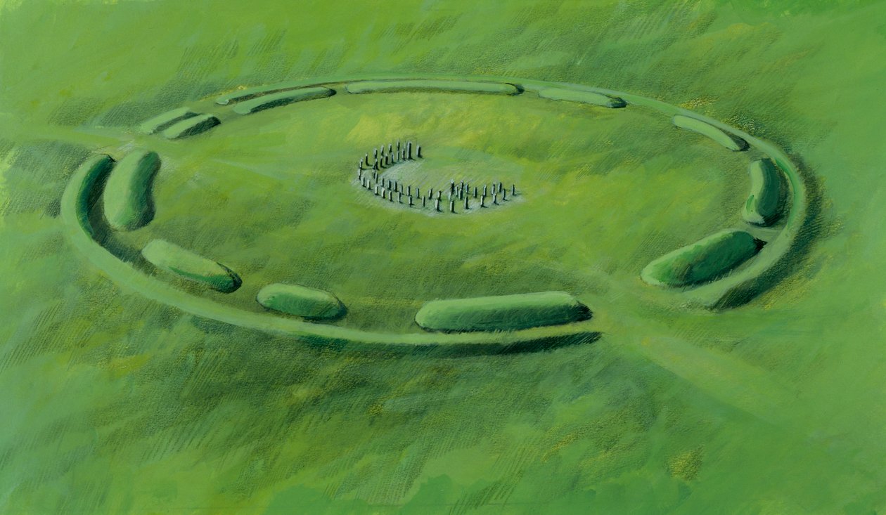 Stonehenge: kolmas vaihe, joka alkaa sinikivien asettamisella kaksoissirpin muotoon. tekijältä Ivan Lapper