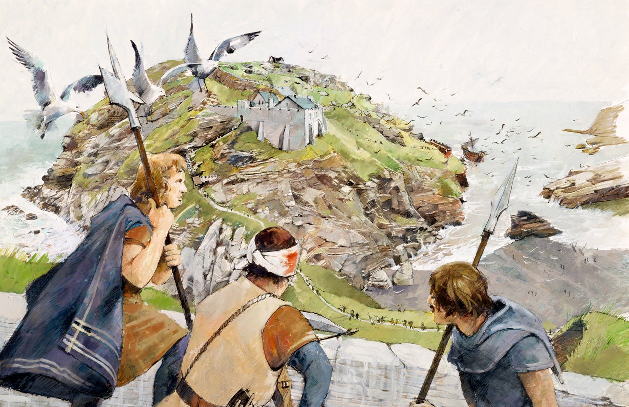 Tintagelin linna vuonna 1230 jKr. (vesiväri paperille) tekijältä Ivan Lapper