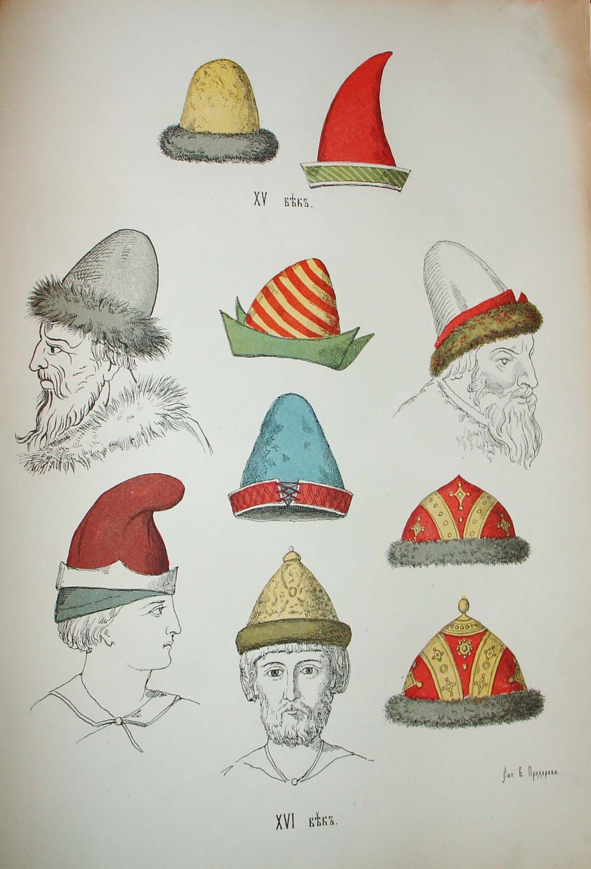 Venäläiset päähineet 1400- ja 1500-luvuilta, 1850-1852 tekijältä Ivan Mikhaylovich Snegirev