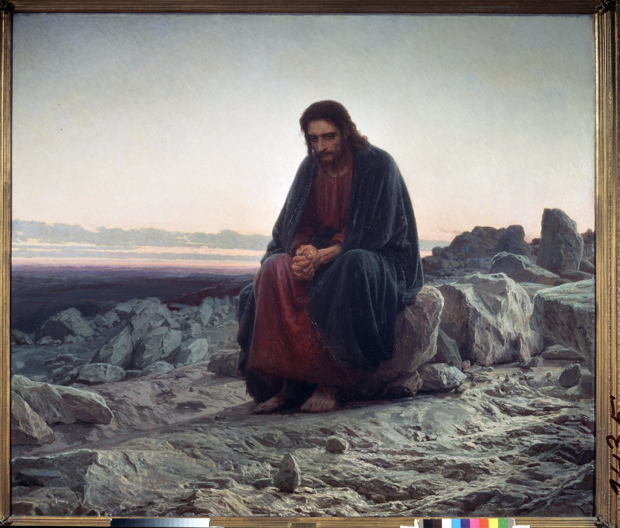 Kristus autiomaassa (Kristus erämaassa). Kristus istuu kalliolla, kätensä ristissä meditatiivisessa mietiskelyssä. Ivan Nikolajevitš Kramskoin (1837-1887) maalaus öljy kankaalle tekijältä Ivan Nikolaevich Kramskoy